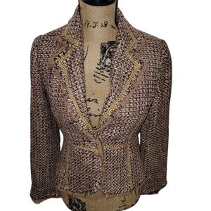 Vintage Punky Girl Houndstooth Tweed Fringed Blazer Lined Jacket Women's Medium
